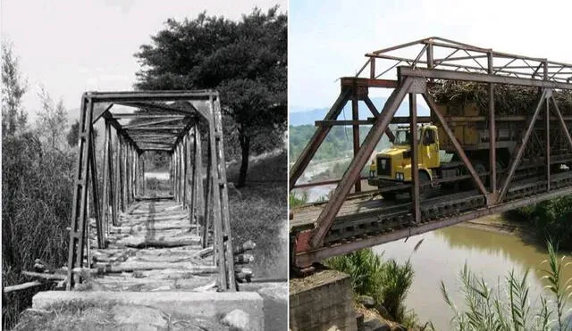 Así lucía el puente Hércules en 1961 (izquierda) y el mismo viaducto en la actualidad (derecha), La estructura soporta hasta cien toneladas de peso. Foto: Fotos Antiguas Pomalca