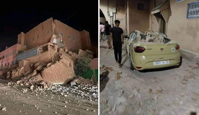 Varios edificios colapsados tras un fuerte sismo de magnitud 6.8 en Marruecos. Foto: composición LR/@JShadab1/Twitter - Video: @JShadab1/Twitter