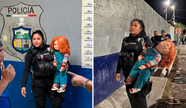 Un muñeco 'Chucky' fue detenido y mostrado por agentes de la Policía de Monclova, México. Foto: composición LR/@soyluisgabriel1/Twitter -  ADN40Mx/YouTube