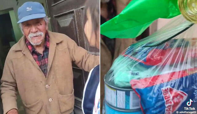 Abuelito se vuelve viral tras recibir víveres de Qali Warma como regalo. Foto: composición LR/adolforugelrescata/TikTok