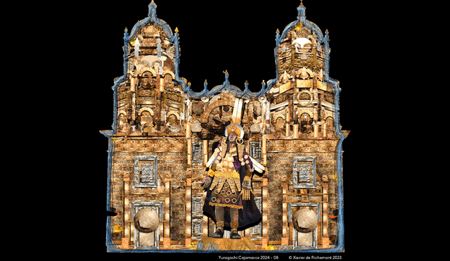 Dos imágenes que se proyectarán sobre la Iglesia de San Francisco, Cajamarca. Abajo, artista Xavier de Richemont.