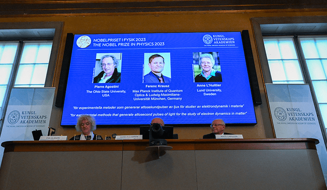 Pierre Agostini, Ferenc Krausz y Anne L’Huillier fueron anunciados ganadores del Premio Nobel de Física 2023. Foto: AFP