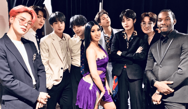 Agrupación BTS y la cantante Cardi B en los premios Billboard de 2019. Foto: BBMAs