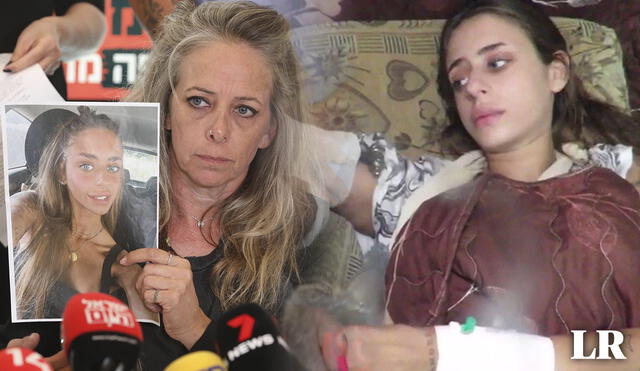 Keren Scharf junto con una foto de su hija, la nieta de un chileno que fue secuestrada por Hamás el 7 de octubre  : composición LR/EFE/Hamás