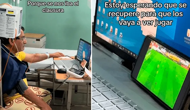 Estar en el hospital no impidió que el hincha viera el partido de Universitario vs. Cusco FC. Foto: composición LR/TikTok/@Pedrimercado