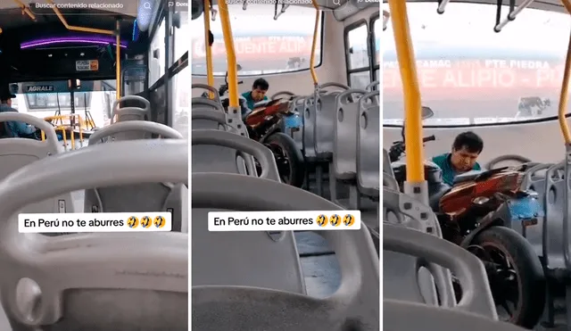 Usuarios se preguntaron cómo habían subido la pesada moto al bus de transporte público. Foto: composición LR/TikTok/@christopheryl