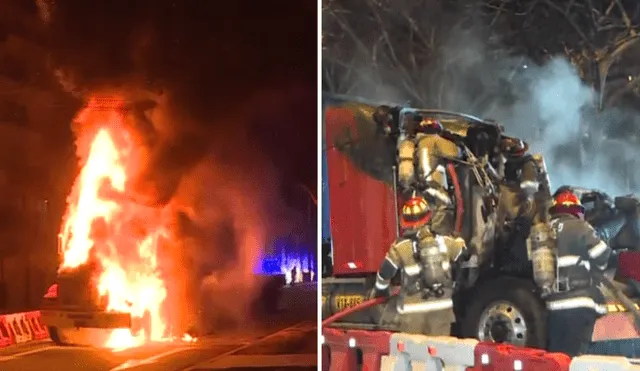 El tráiler quedó totalmente destruido y en cenizas luego de que los Bomberos apagaran el fuego. Foto: Composición La República