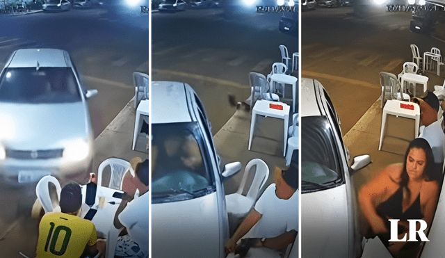 En el video se ve que la mujer dirige el auto hacia el joven. Después de atropellarlo se bajó para reclamarle y le aventó lo que encontró. Foto: composición de Jazmin Ceras/LR/@MtyFollow/X - Video: @MtyFollow/X