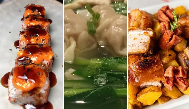 En esta lista encontrarás restaurantes que sirven makis, chifa, comida criolla, entre otros, en Los Olivos. Foto: composición LR/Tako Sushi/Fusion Wong/Casa Mendoza/Instagram