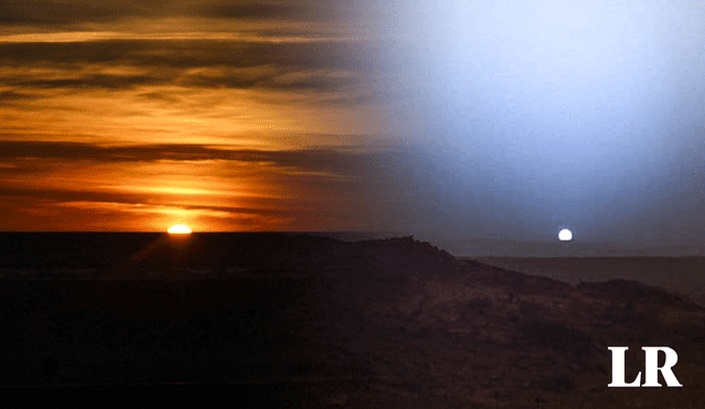 Un atardecer terrestre (izquierda) al lado de un atardecer marciano (derecha). Foto: NASA / Pexels