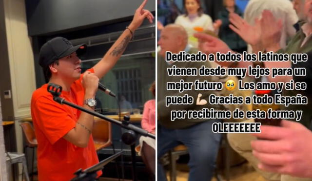 El joven cantó delante de un grupo de personas españolas. Foto: composición LR/TikTok/@adrianmathias_