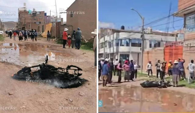 Vecinos decidieron incendiar la motocicleta en la que viajaban los presuntos malhechores. Foto: composición LR/Puno Noticias/Facebook