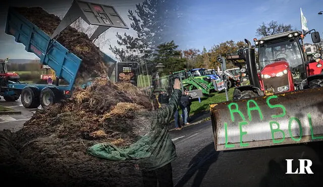 Con ayuda de tractores, un grupo de agricultores lanzó estiércol a las edificaciones de gobierno en Francia. Foto: composición LR/AFP/@FredBuridant/Twitter - Video: @AnonymeCitoyen/Twitter