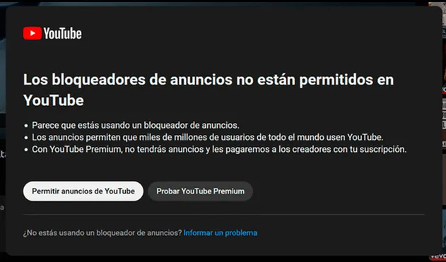 Muchos usuarios no pueden ver videos, salvo que desactiven el adblocker. Foto: captura de YouTube