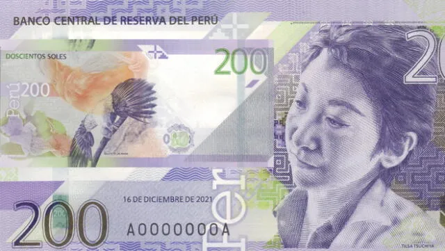 BCRP. Nuevo billete de S/200 de Tilsa Tsuchiya Castillo. El color predominante del billete es lavanda. Foto: difusión