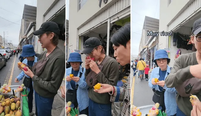 En un puesto ambulante de frutas de Arequipa, los coreanos probaron este alimento difícil de conseguir en Corea del Sur. Foto: composición LR/captura TikTok/@elcopenio