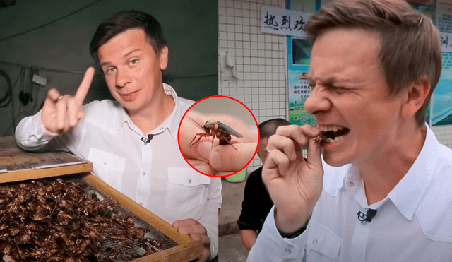 El europeo comió por primera vez una cucaracha en China. Foto: composición LR/YouTube/ Un Mundo al Revés