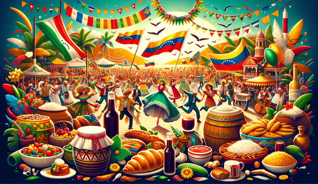 Una imagen colorida mostrando la celebración del Día de la Zulianidad en Venezuela, con bailes tradicionales, gastronomía local y una atmósfera festiva. Foto: composición LR/IA