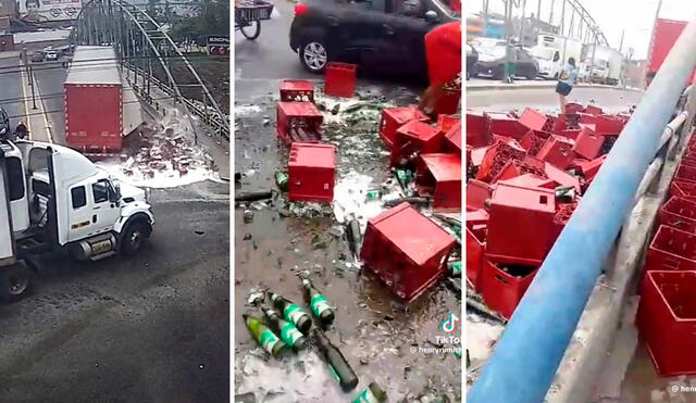 El chofer del camión decidió recoger las botellas que quedaron tiradas en medio de la pista. Foto: composición LR/TikTok