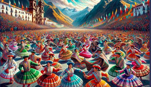 Celebración vibrante de la Fiesta de la Candelaria en Puno, con danzarines en trajes tradicionales andinos. Foto: DAL-E/ChatGPT