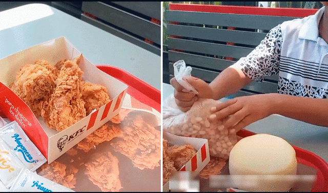 Los jóvenes no dudaron en sacar el mote y el queso para comer junto a su pollo frito del KFC. Foto: composición LR/TikTok/@michaelguardia