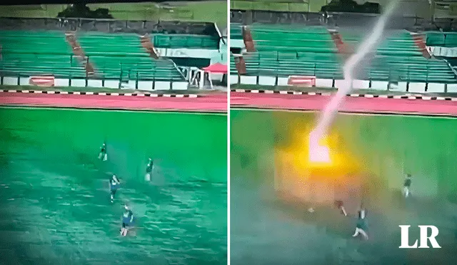 Los compañeros de equipo corrieron para brindar ayuda a la víctima, quien perdió la vida apenas segundos después de recibir el impacto del rayo. Foto: composición LR/@ActualidadRT/X. Video: @ActualidadRT