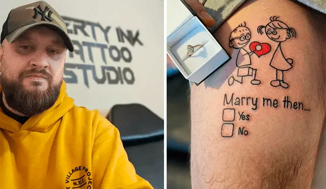 Un hombre británico decidió, de forma creativa, pedirle la mano a su novia tatuándose la pedida de mano. El hecho fue viral en las redes sociales. Foto composición LR/Kennedy News & Media
