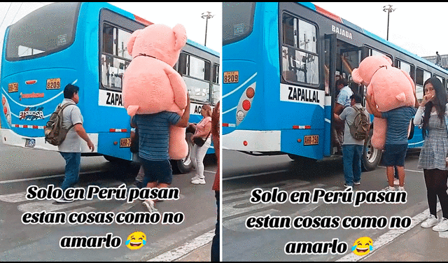 El joven colocó el muñeco de peluche sobre sus hombres para subir al Chino. Foto: composición LR/TikTok/@jhonmirko20