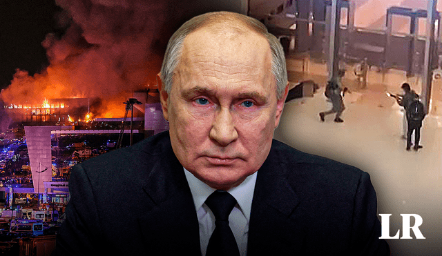 Putin calificó el atentado en Moscú como un “acto terrorista salvaje" y apuntó a Ucrania. Foto: composición LR/AFP