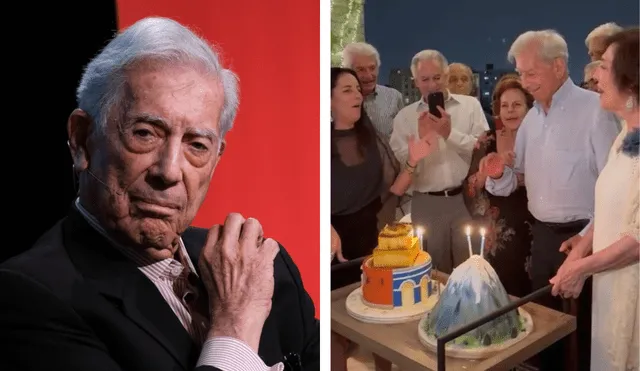 Mario Vargas Llosa sopla velas de su torta del Misti junto a su familia. Foto: Composición LR/Alvaro Llosa/X
