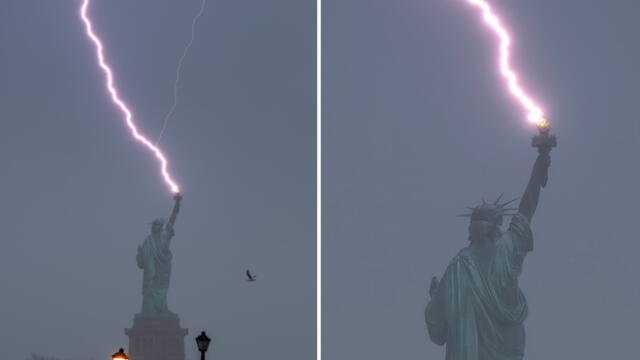 Momento en el que un rayo impacta la Estatua de la Libertad. Foto: X/@DanTVusa