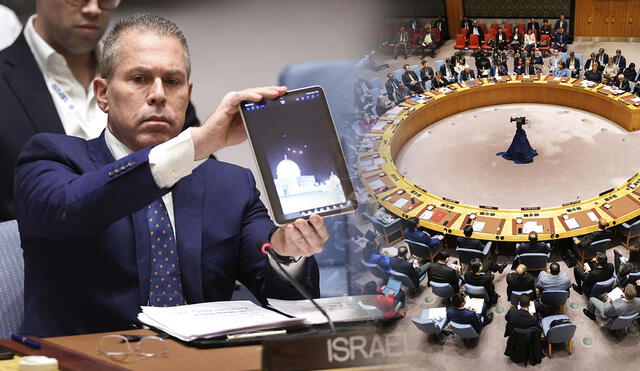 El embajador de Israel ante las Naciones Unidas, Gilad Erdan, muestra un vídeo en el que se interceptan bombas sobre la mezquita de Al-Aqsa durante la reunión de emergencia del Consejo de Seguridad de las Naciones Unidas. Foto: composición LR/AFP