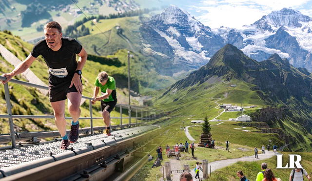Quienes suban esta escalera pueden disfrutar de vistas panorámicas del lago Thun y los Alpes suizos. Foto: composición LR/Swissfamily/Red Bull