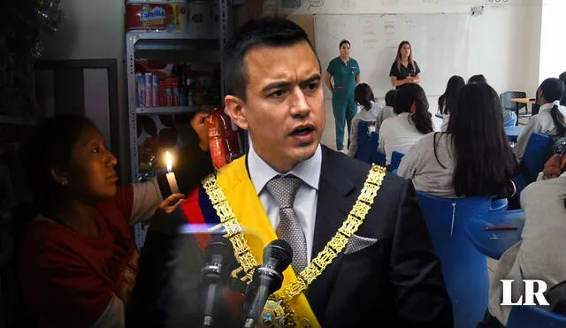 La crisis de electricidad se agrava en Ecuador, lo que lleva a Daniel Nobo a tomar drásticas medidas.  Foto: composición LR/AFP/El Universo/Ministerio de Educación