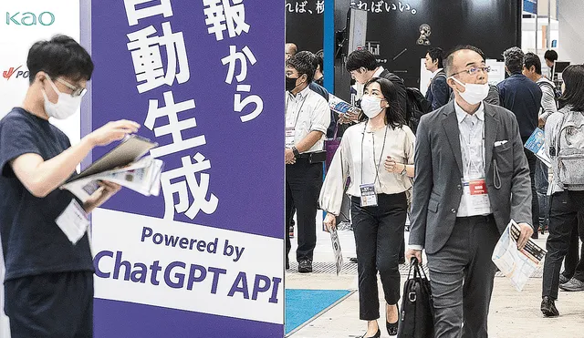 Expansión. Promoción en Tokio de ChatGPT, la aplicación popular que ha provocado el auge de la inteligencia artificial. Foto: AFP