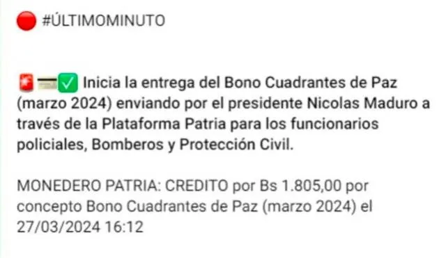 Anuncio del Bono Cuadrante de Paz de marzo 2024. Foto: Canal Patria Digital   