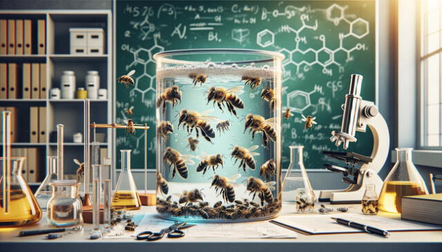 El propósito original del estudio no tenía que ver con la capacidad de supervivencia en el agua de las abejas, sino observar el impacto de los residuos de pesticidas en el suelo en las abejas reinas que hibernan bajo tierra. Foto: DALLE