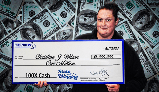 Christine Wilson recientemente cobró el millón de dólares que gano en la lotería 100X Cash. Foto: Composición LR/Pngtree/Massachusetts State Lottery