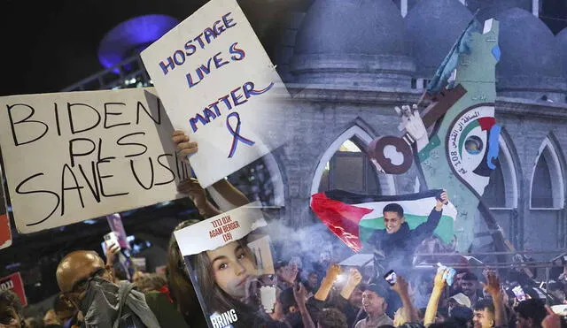 Protestas en Israel y celebraciones en Gaza. La aceptación de Hamas a un alto al fuego aun debe ser respaldad por el gobierno de Benjamín Netanyahu. Foto: composición LR/AFP
