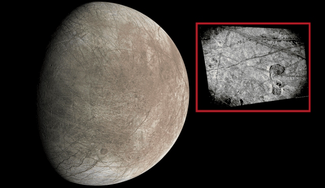 Son las primeras imágenes en tan alta resolución de Europa, la luna de Júpiter. Foto: composiciónLR/NASA