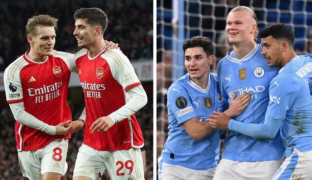 Solo Arsenal puede arrebatarle el título de la Premier League a Manchester City, pero tendrá que esperar un milagro. Foto: composición de LR/AFP