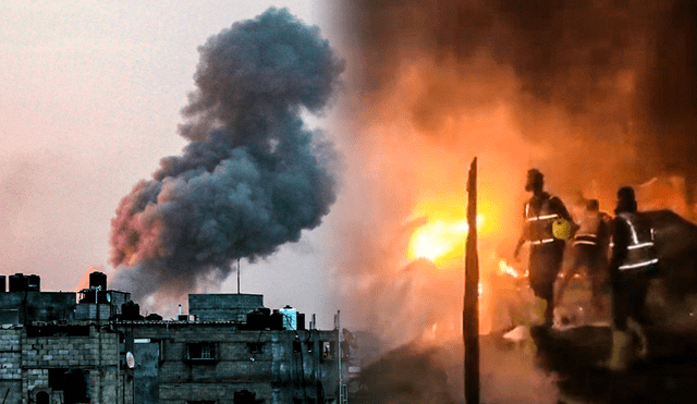 La explosión causó un incendio masivo que se extendió rápidamente, consumiendo varias estructuras de un campamento de refugiados en Rafah. Foto: Composición LR/AFP.