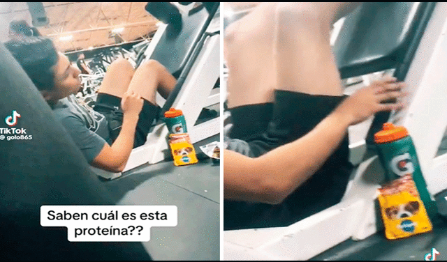 Un joven realizaba ejercicios para las piernas y en cuestión de segundos tomó el sobre con salsa para alimento de perros y se lo comió. Foto: composición LR/TikTok/@tendenciasenargentina