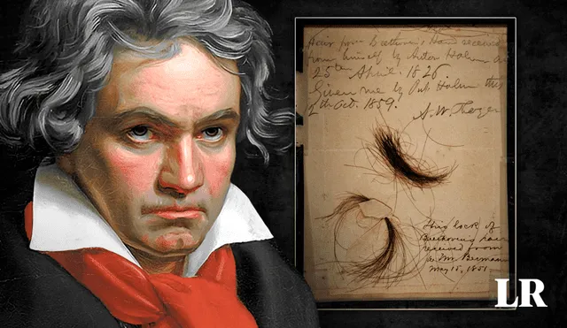 En abril de 1826, Beethoven obsequió uno de sus mechones a Anton Halm, con la emotiva dedicatoria: "¡Este es mi pelo!". Foto: composición Jazmín Ceras LR /  Kevin Brown / Wikipedia