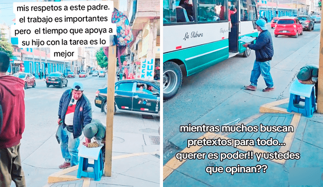 El hombre con una tabla de madera anotaba los tiempos en que transitaba cada bus y vigilaba la tarea de su hijo. Foto: composición LR/TikTok/@raulcrispin16