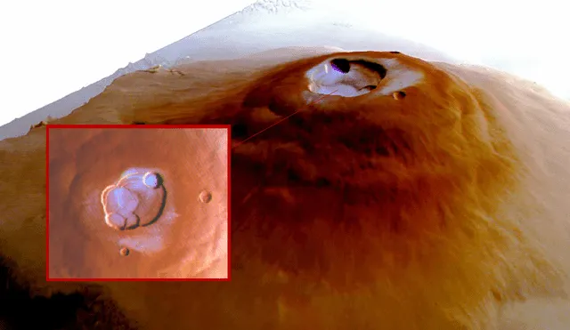 El agua congelada fue hallada en un volcán de Marte que es el pico más alto del Sistema Solar. Foto: composición LR/ESA