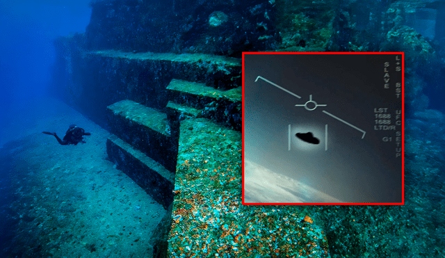 A la izquierda, la 'Atlántida japonesa'; a la derecha, el ovni GIMBAL grabado por la Marina de EE. UU. Foto: composiciónLR/Gerson Cardozo/Pentágono/Alamy