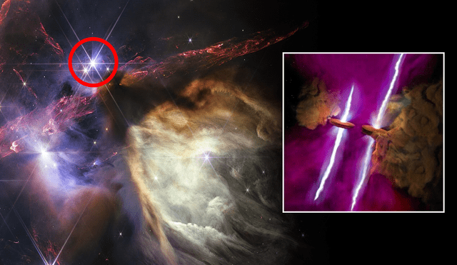 ALMA y el telescopio James Webb estudiaban el sistema estelar WL20 cuando encontraron 2 chorros de energía a 400 años luz de distancia. Foto: composición LR/Fabrizio Oviedo/NASA/ESA/ALMA