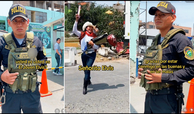 Una mujer vestida de vaquera se acercó al efectivo policial con un ramo de flores. Foto: composición LR/TikTok/@lapatronaperuanaaa