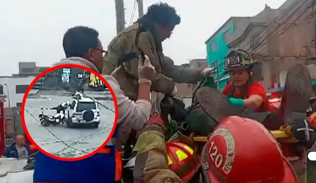 El agente PNP Valdera Damián salió volando de la motocicleta y terminó sobre el techo de la camioneta. Foto: captura de Latina